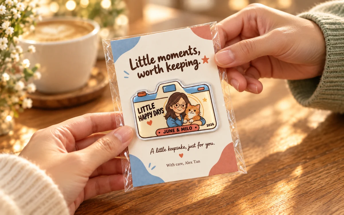 Two people exchange a packaged camera-shaped keepsake magnet across a warmly lit wooden table.