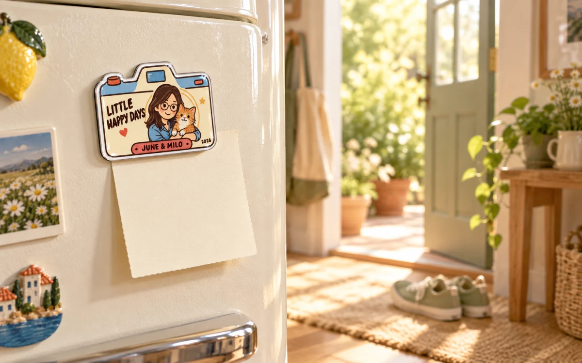 A camera-shaped woman-and-cat magnet holds a note on a cream fridge, beside a sunlit doorway and walking shoes.