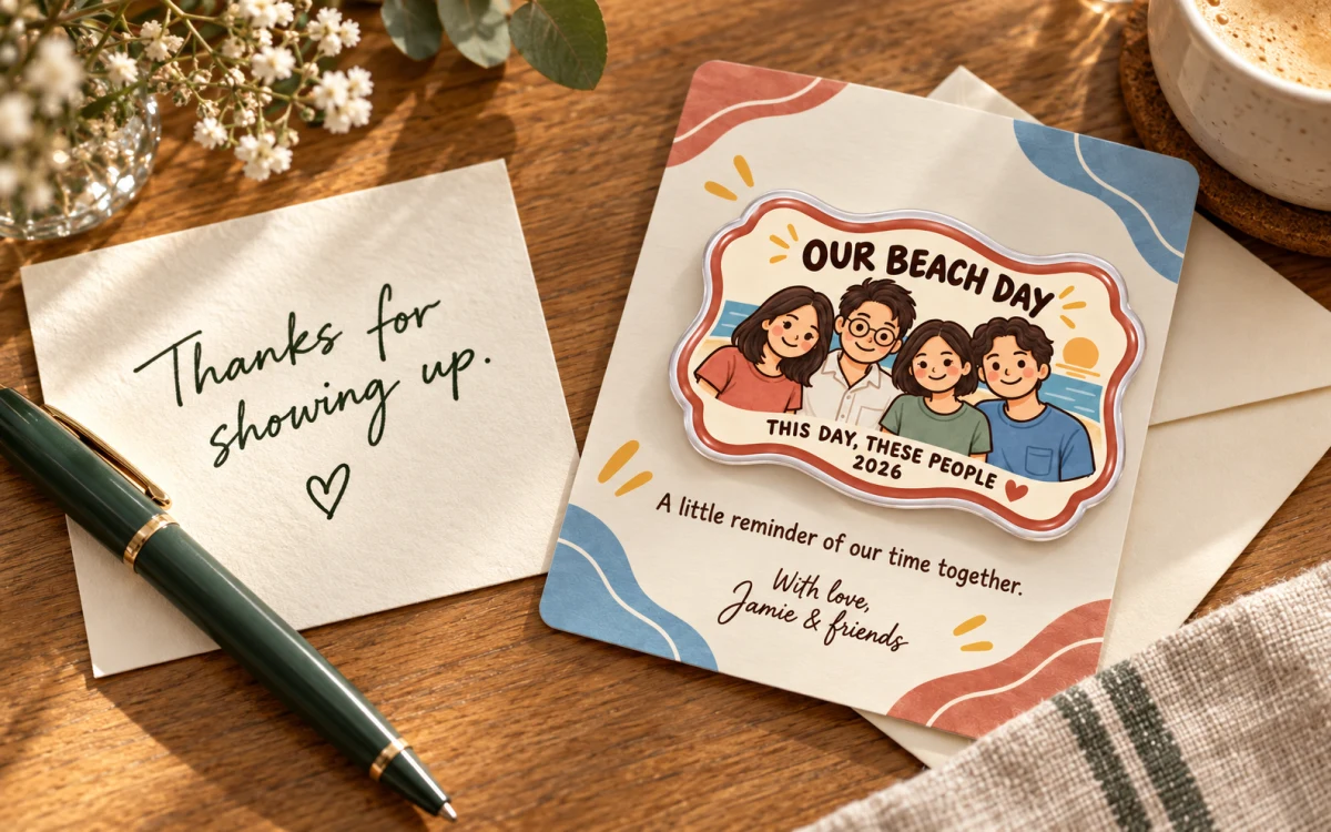 A handwritten thank-you note and green pen beside a personalised beach-day magnet and matching backing card.