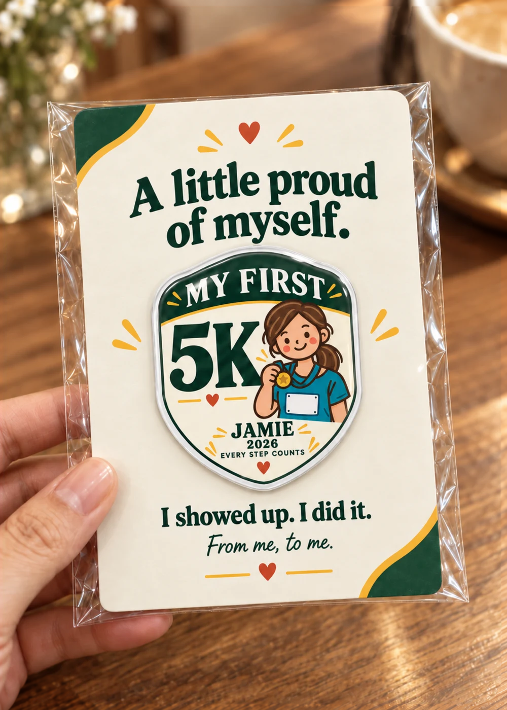 Jamie’s first 5K — magnet, backing card and gift packaging mockup