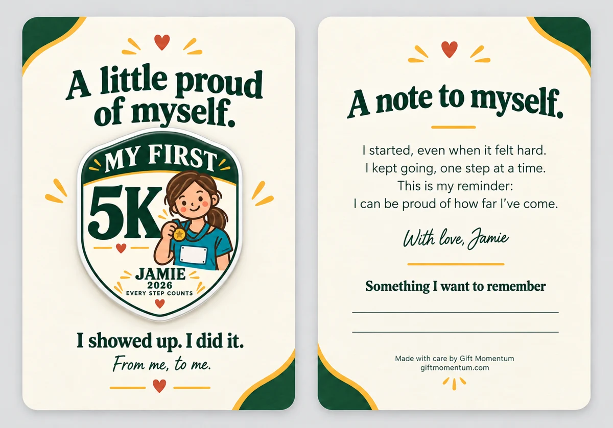 Self-gift milestone backing card, front and back