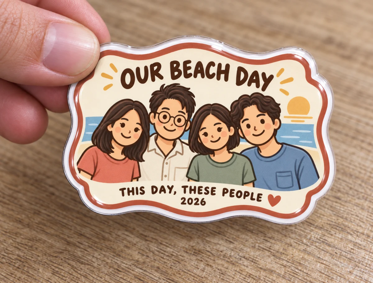 Wavy-frame magnet with four friends at the beach — hand design preview