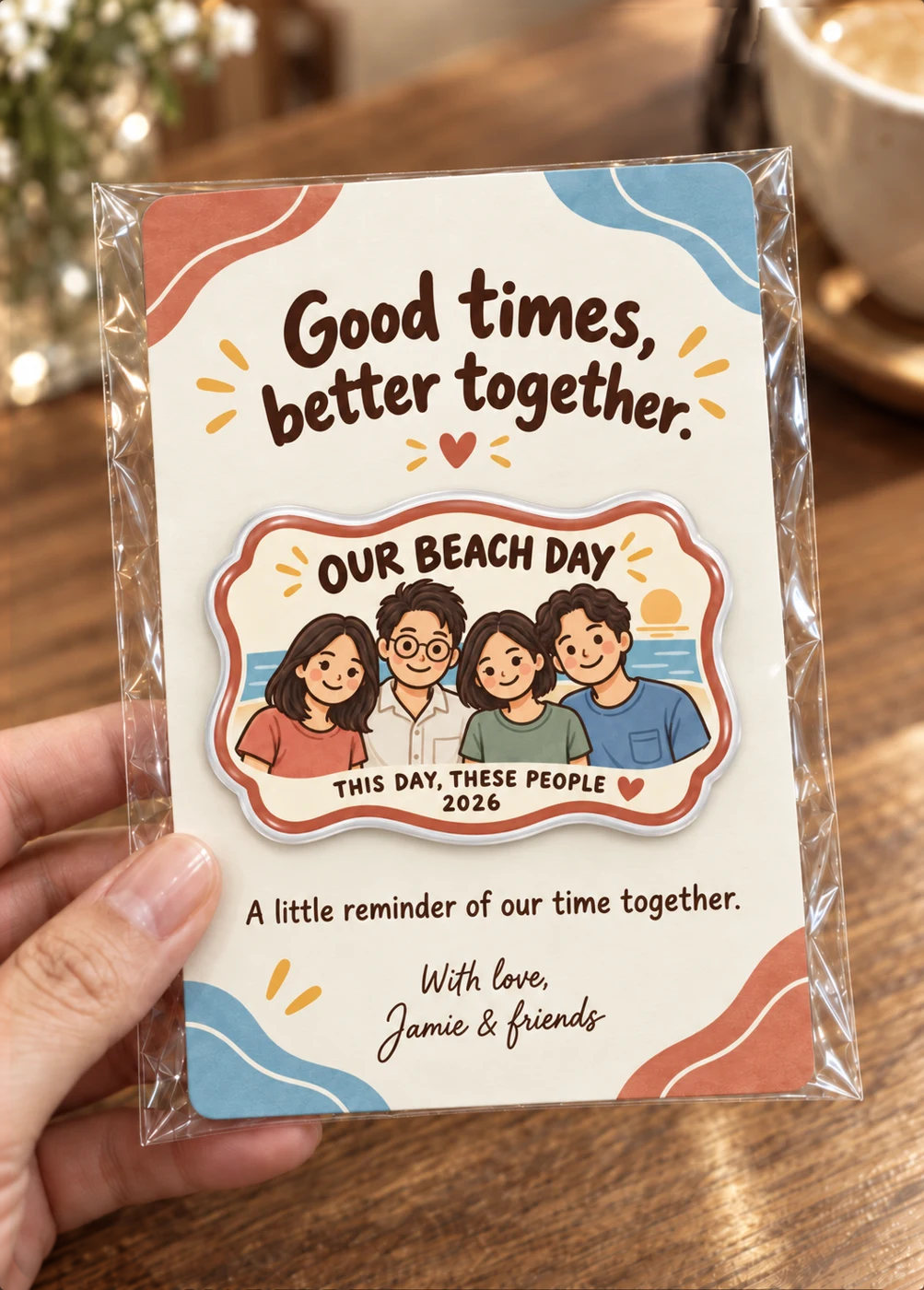 Our beach day — magnet, backing card and gift packaging mockup